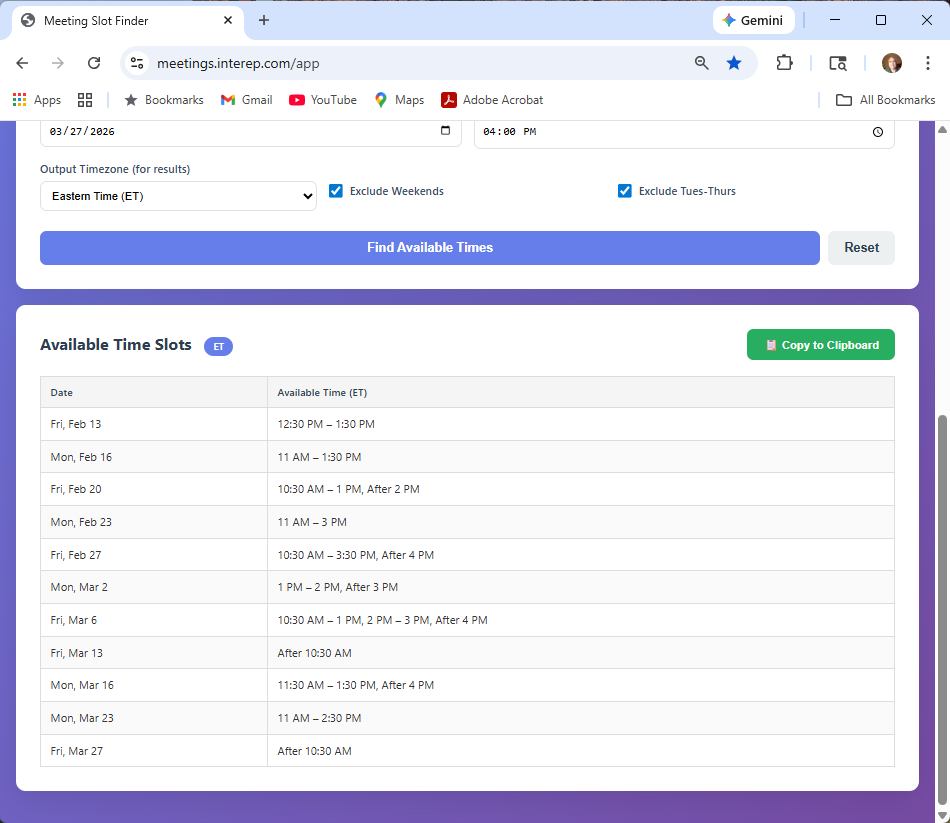 Available Time Slots Results